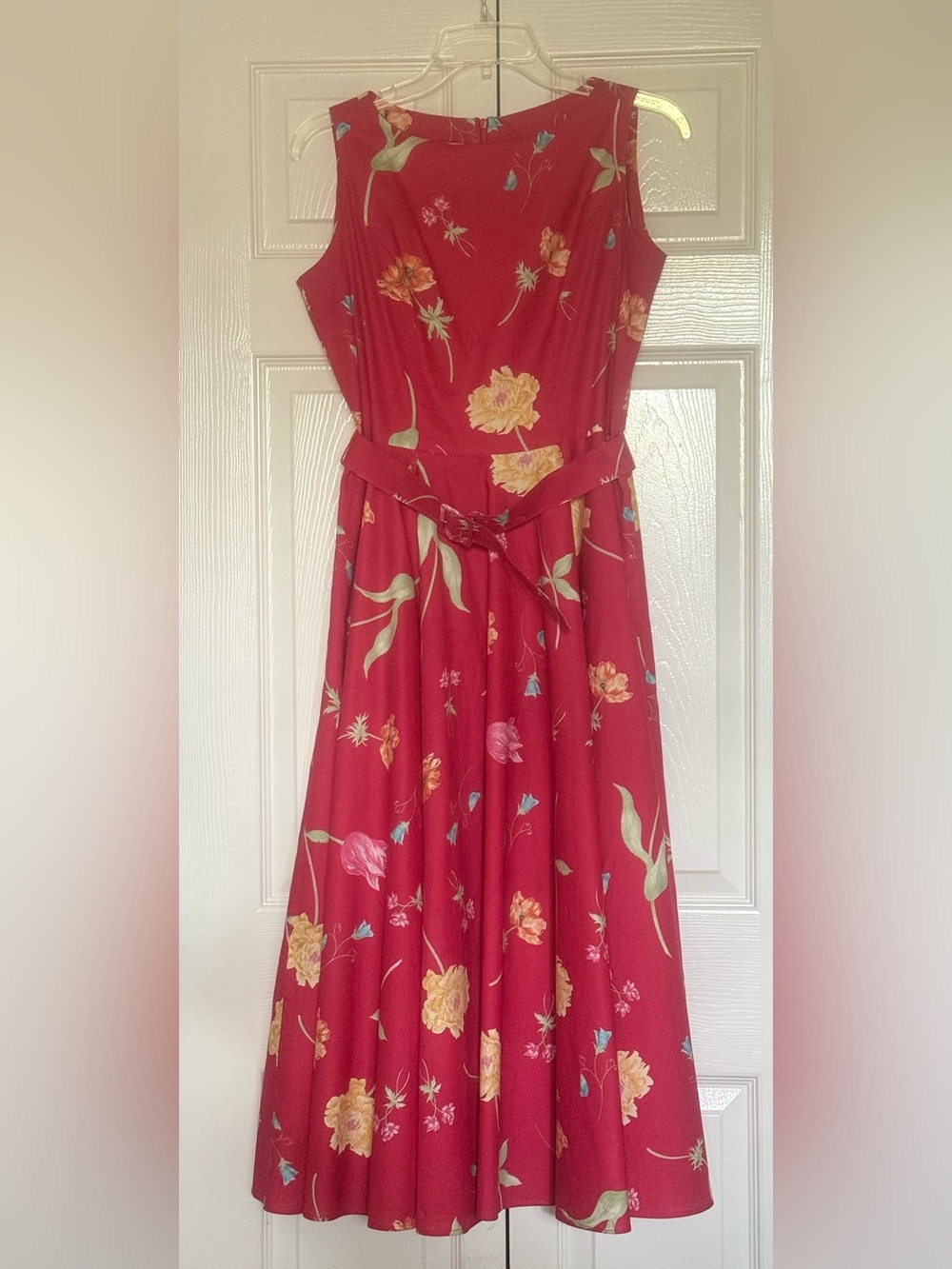 Vintage Laura Ashley Tulip Mania Dress Pink Red Floral Midi Circle Skirt size 8